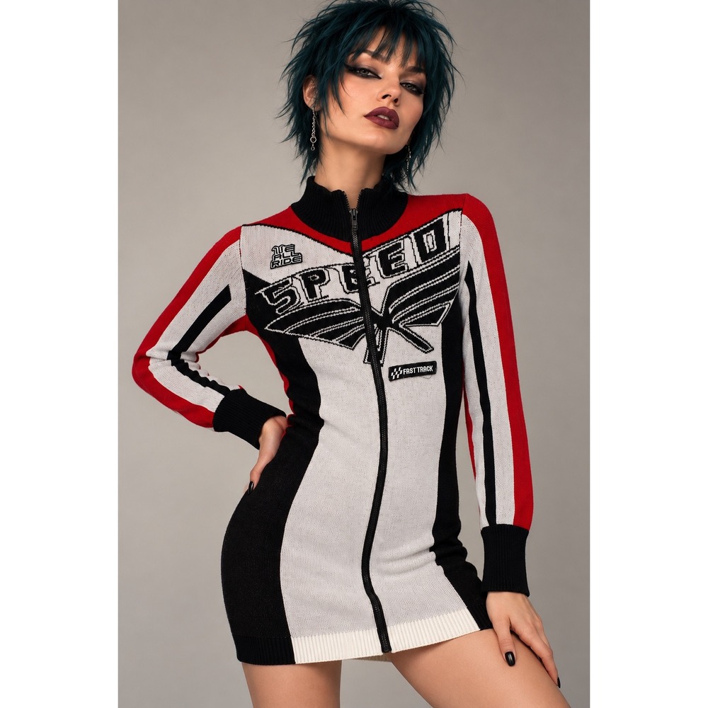 Runway 7 S Mini Sweater Dress Red Black White Racing Graphic Y2K